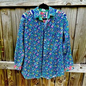 Vintage Vera Bradley Blue Bird Button Up Shirt Size Large Long Sleeve Cotton